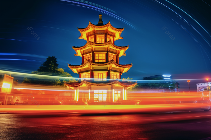 流光溢彩的高大古代阁楼建筑夜晚风景,高清,摄影图,摄影图片,图片大全,摄影图免费下载